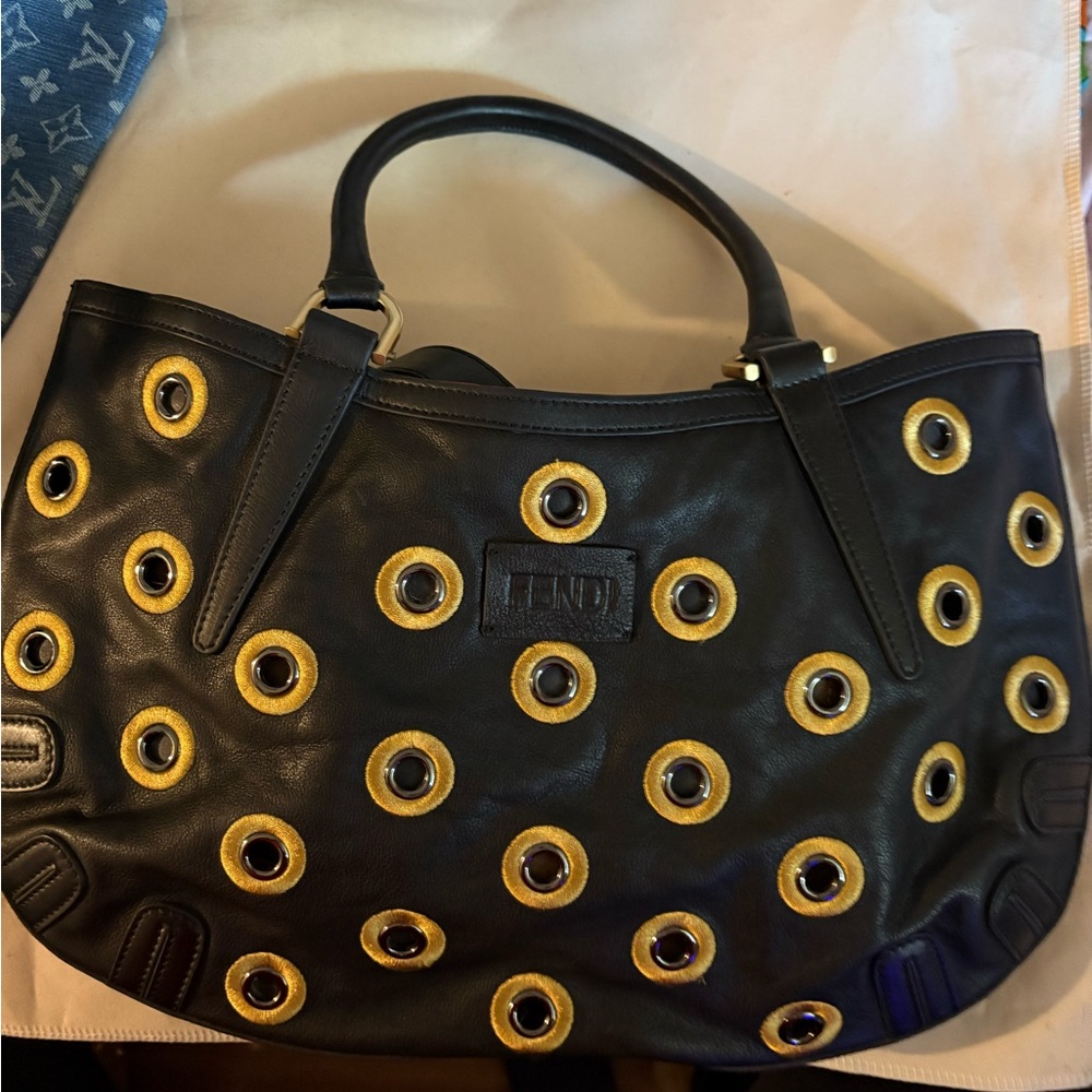 Fendi Black and Gold Shoulder Bag with Circular Embellishments